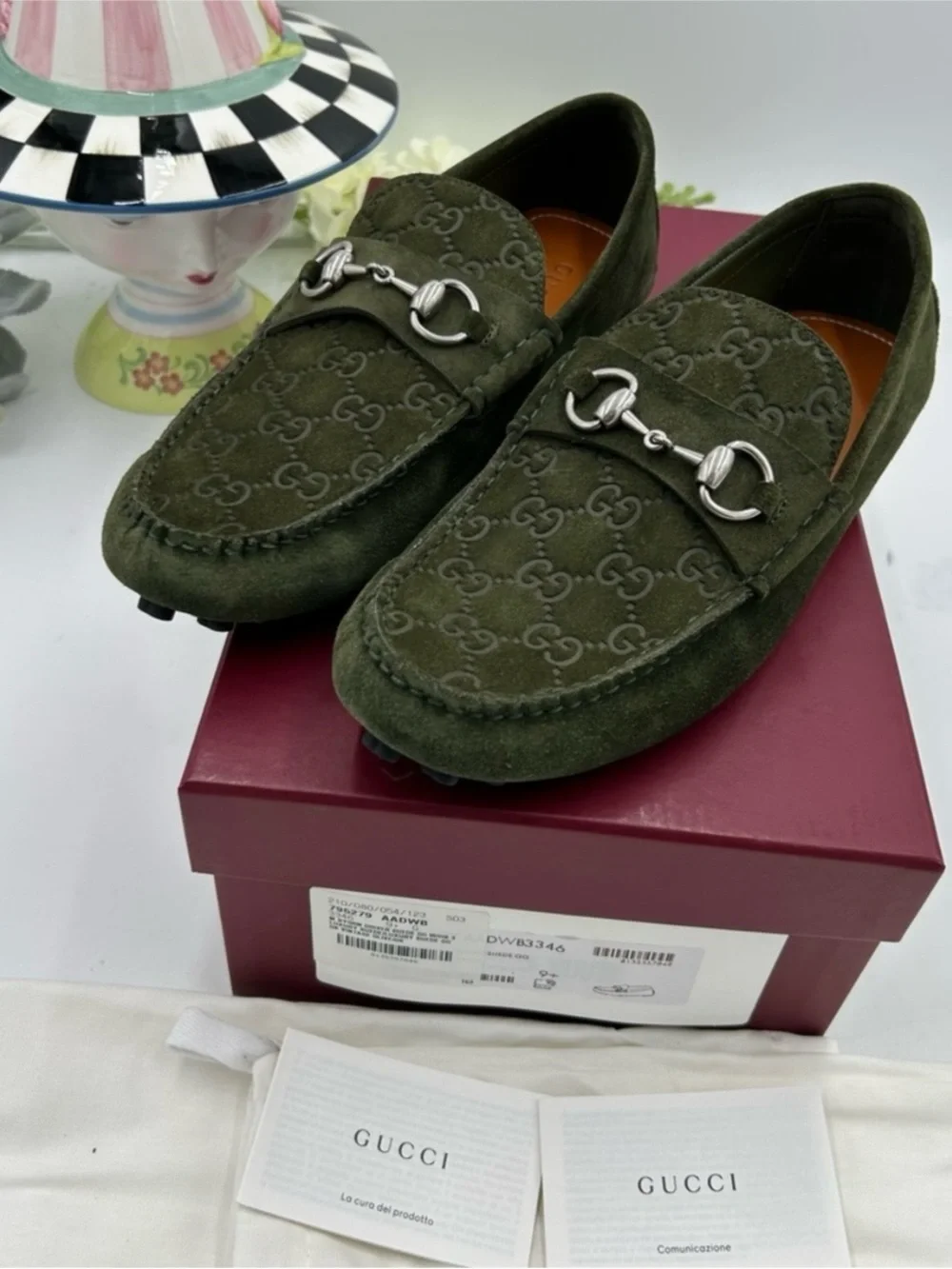 Gucci GG embossed suede driver loafers size 9.5 fits 10 US made in Italy